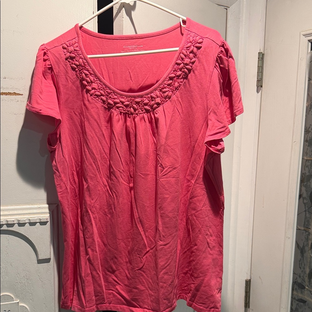 Charter Club Coral Scoop Neck Short Sleeve Top with Braided Yoke
